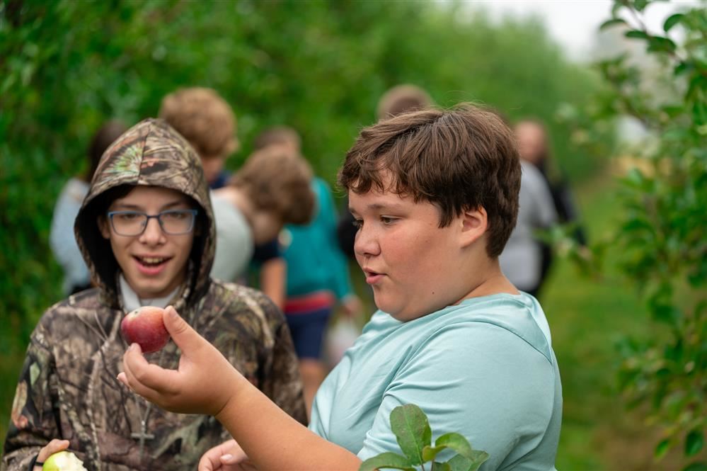  A student closely inspects an apple that he recently picked.